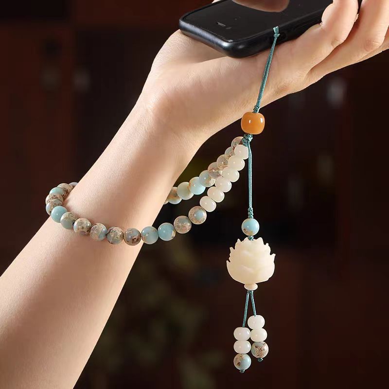 新中式寿山石手机链中国风白玉菩提莲花手机壳包包挂饰手腕款流苏