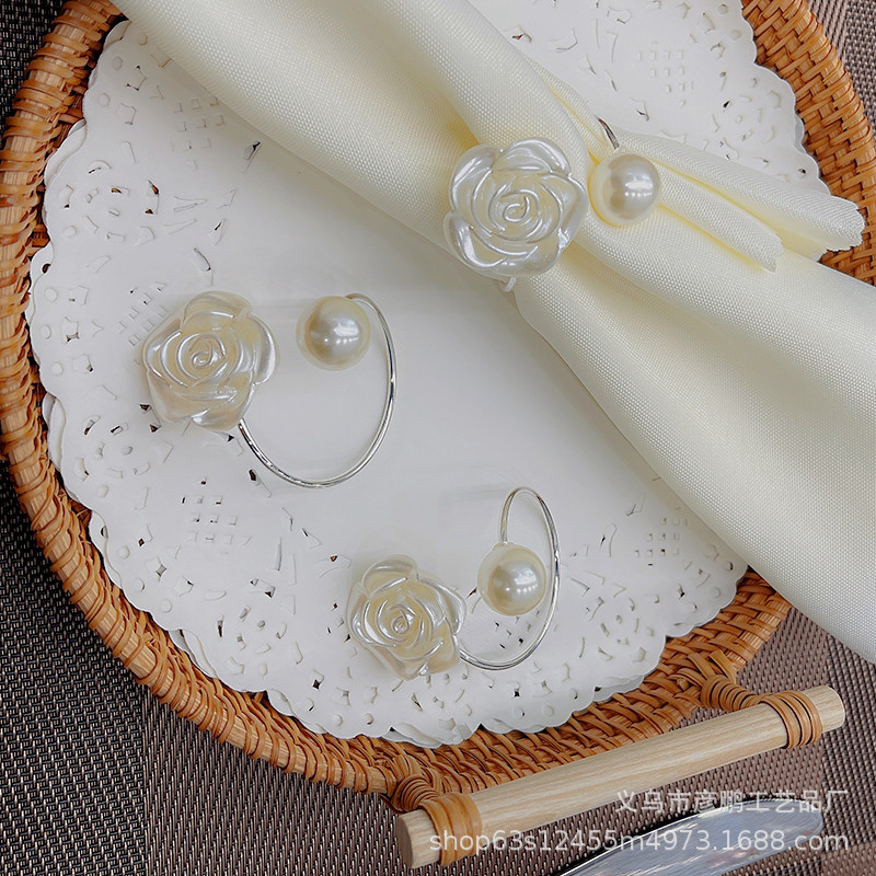 Cross-Border Hot Hotel Napkin Ring Large Rose Pearl Decorative Napkin Napkin Ring Wedding Exquisite Napkin Ring Wholesale