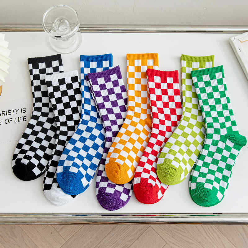 Chessboard Plaid Socks Men and Women Pure Color Cotton Autumn and Winter Long European and American Sports College Trendy Socks