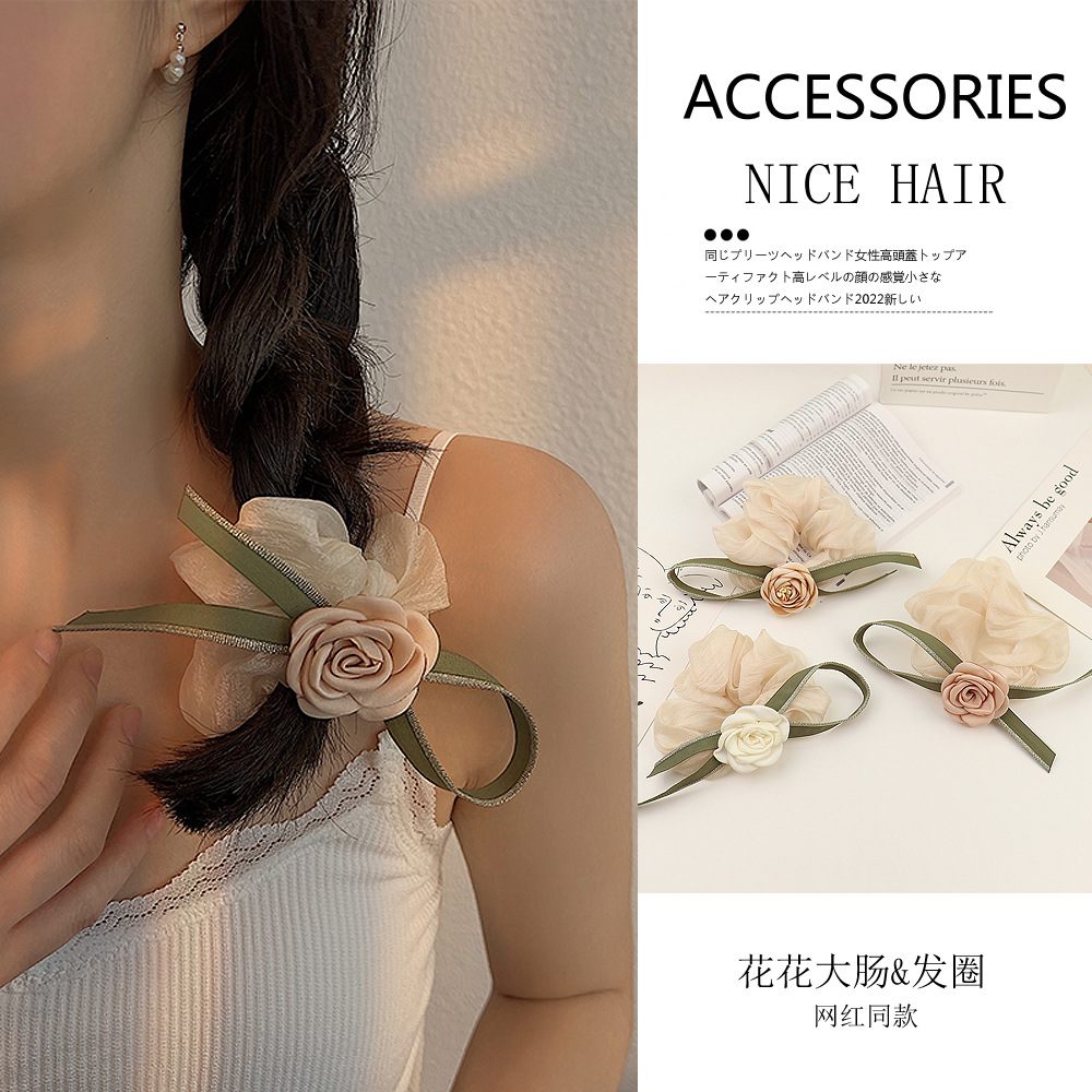 MIZI Organza Camellia Large Intestine Ring Korean Style Elastic Pink Elegant Women's Hair Volume Multi-Fold hair accessories.