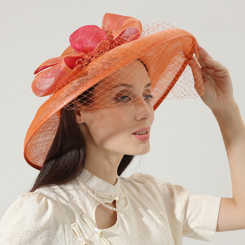 麻纱帽礼帽圆顶太阳帽女大沿复古面纱帽子沙滩帽晏会拍照帽子名媛