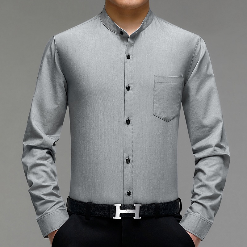 春秋季中华立领衬衫男装长袖爸爸宽松中年人薄款上衣纯色休闲衬衣