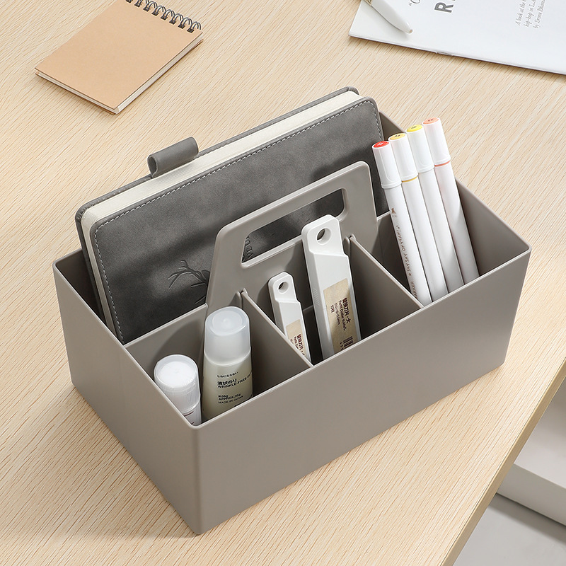 新款简约手提可叠加桌面分类收纳盒大容量长方款四分格文具整理盒