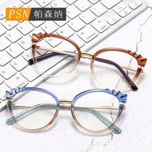 新款圆形猫眼防蓝光平光镜5020亚马逊外贸弹簧腿眼镜TR90复古眼镜