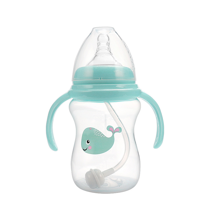 Meiyingtang 180ml Cartoon Baby Feeding Bottle Pacifier Strap Handle Wide Mouth Feeding Bottle Drop-Resistant Choke Proof Creative Small Feeding Bottle