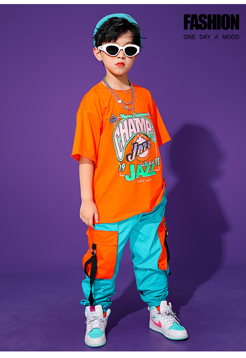 儿童演出服男童嘻哈街舞套装国潮服装t台走秀男孩hiphop架子鼓夏