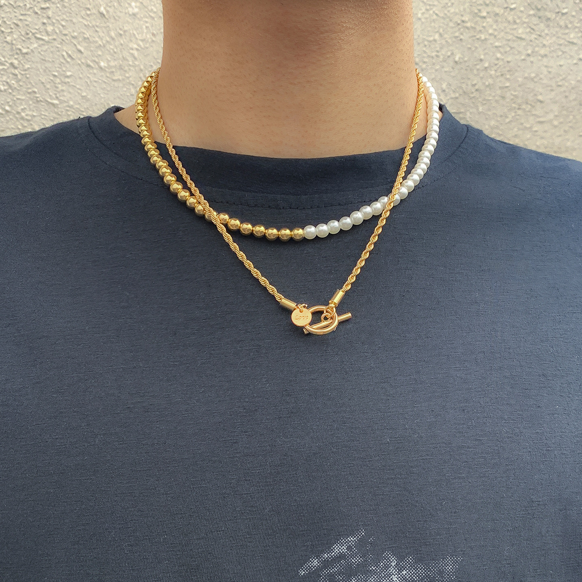 亚马逊外贸热销男士饰品 欧美风时尚百搭设计感双层拼接珍珠项链