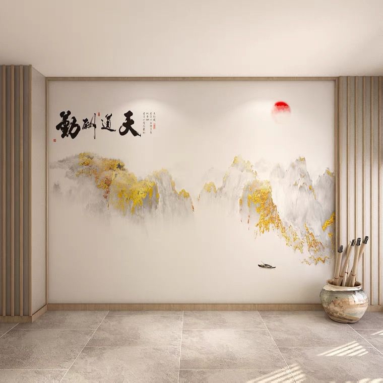 新中式金色金箔客厅酒店壁纸轻奢水墨山水国风壁画电视背景墙墙纸