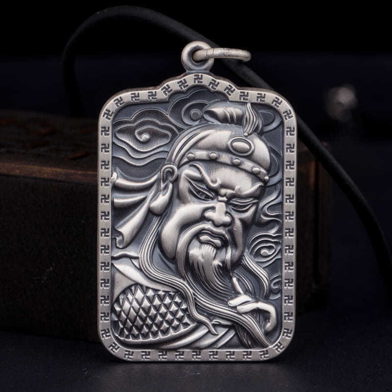 银饰999足银武财神关公吊坠 实心方牌银牌男士银复古招财项链