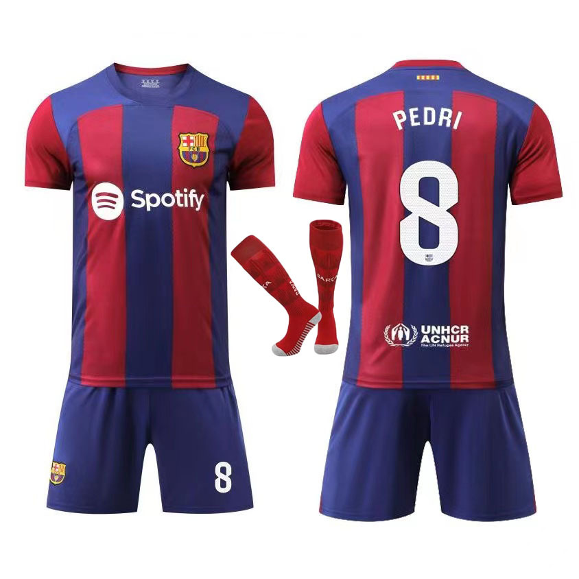 批发新款23-24巴萨球衣主场8号佩德里9号莱万成人儿童足球服套装