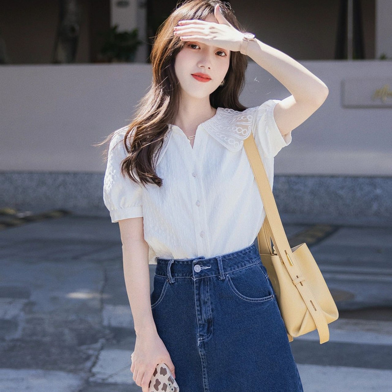 白色衬衫牛仔半身裙两件套盐系穿搭气质御姐感小个子套装裙夏