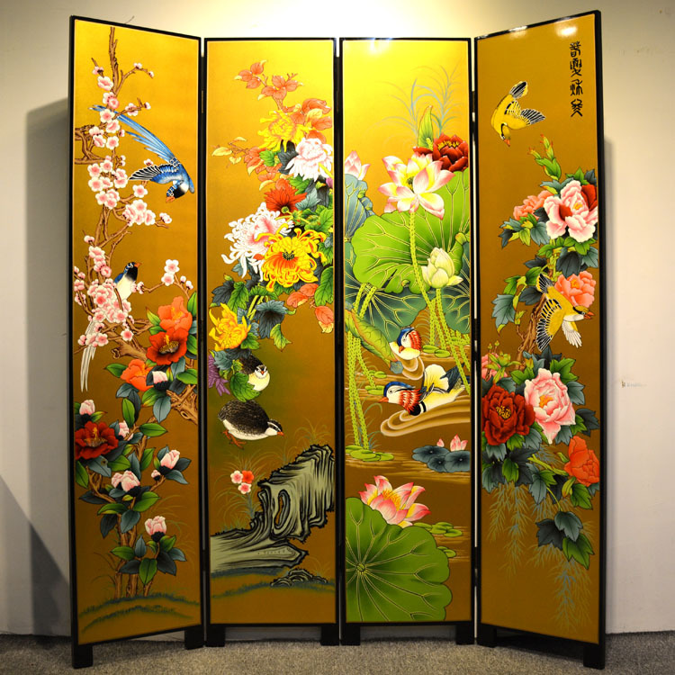 中式彩绘家具经典手绘屏风春夏秋冬四季花鸟屏风隔断壁画背景墙
