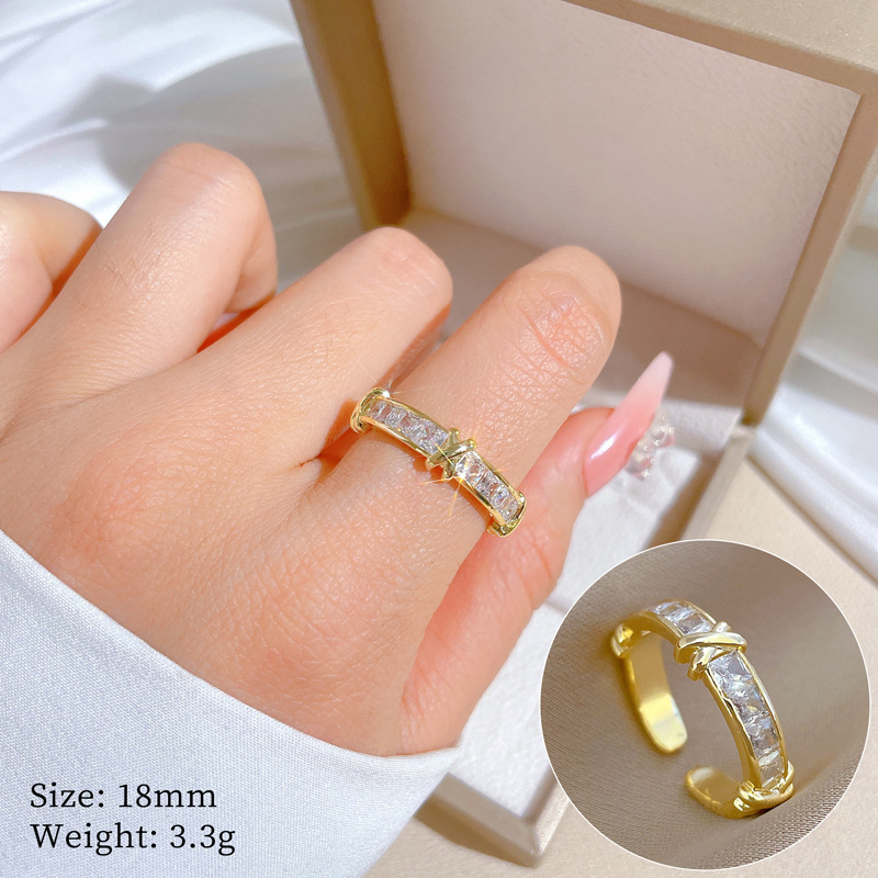 [Real Gold Plating] European and American Design Ins Style Geometric Diamond-Embedded round Bead Ring Female Cold Style Open Ring