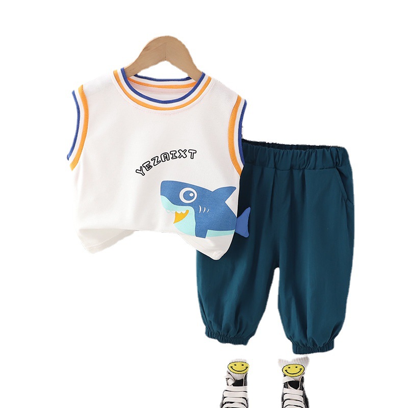 Foreign Trade Children's Wear 2023 Summer New Boys and Girls Shark Cropped Pants Vest Suit Sleeveless Two-Piece Suit Wholesale Fashion