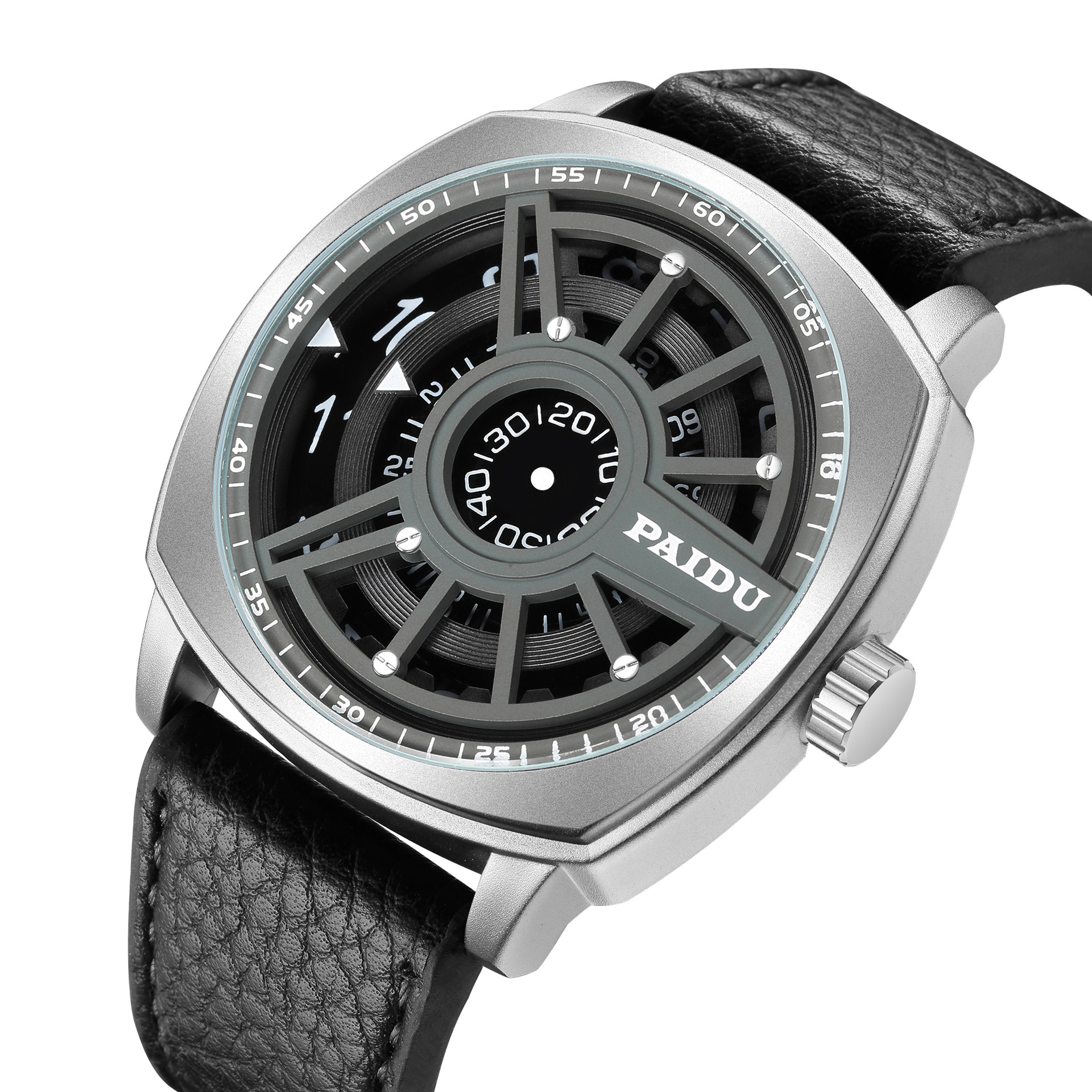 朋克风格欧美转盘男生新概念手表潮男时尚表百搭大表盘皮带石英表