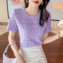 2022夏季韩版新款时尚显瘦圆领半袖上衣气质百搭短袖t恤镂空衫