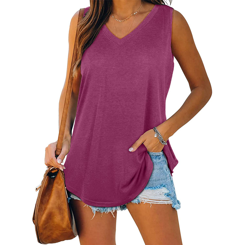 2024 New Amazon Wish European and American Hot V-neck Dovetail Sleeveless Solid Color Vest T-shirt Cross-Border Foreign Trade Women's Clothing
