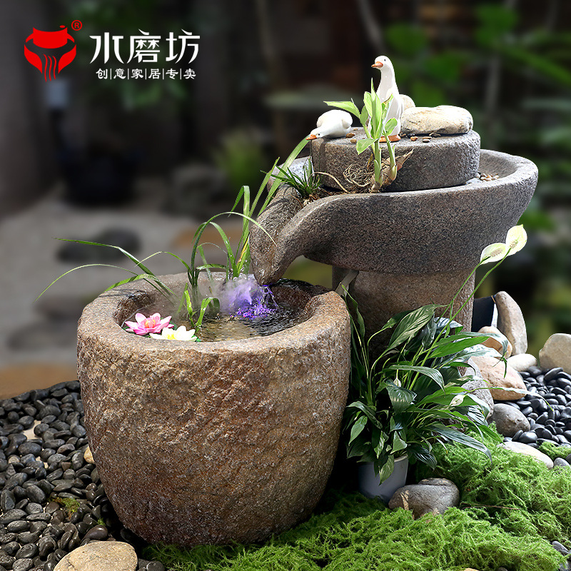 庭院花园布置石磨盘流水鱼池假山造景喷泉阳台循环水景观落地摆件