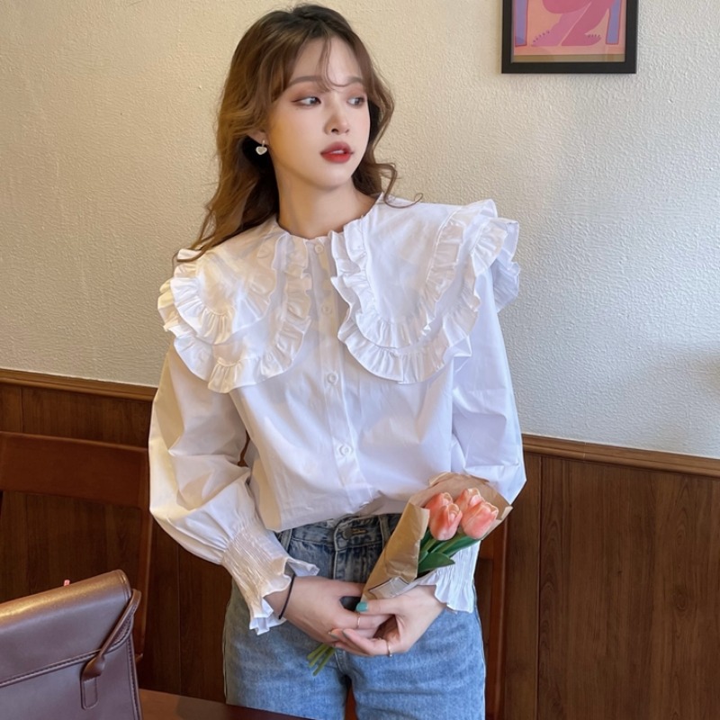 双层荷叶边娃娃领衬衫女春装设计感小众白衬衣甜美温柔风别致上衣