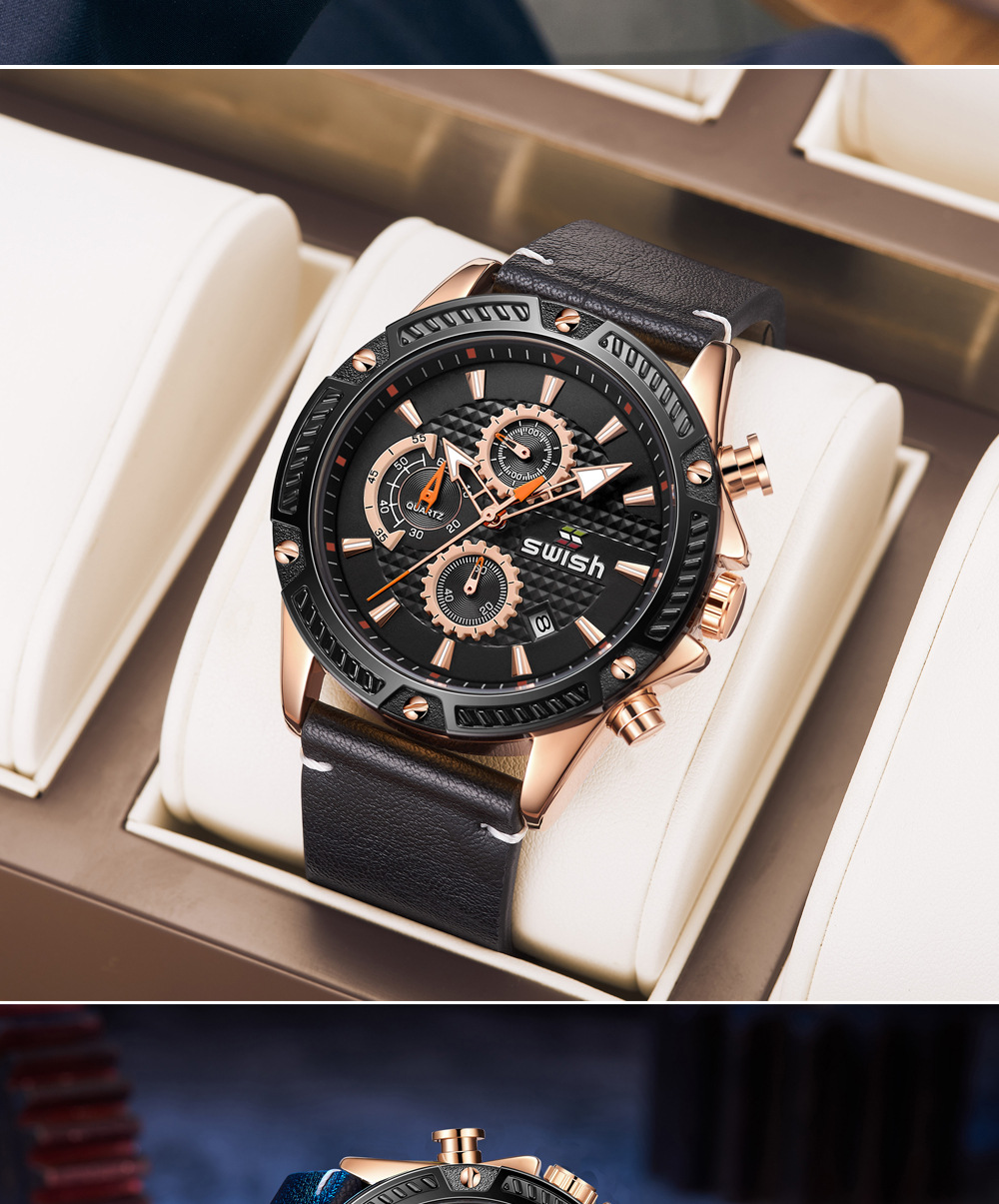 swish 新款男士手表 皮带三度六针手表日历商务休闲创意sw158
