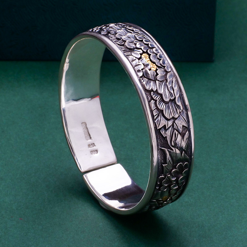 银绿湖 足银999银手镯纯手工牡丹银镯子复古满雕满錾富贵花开手镯