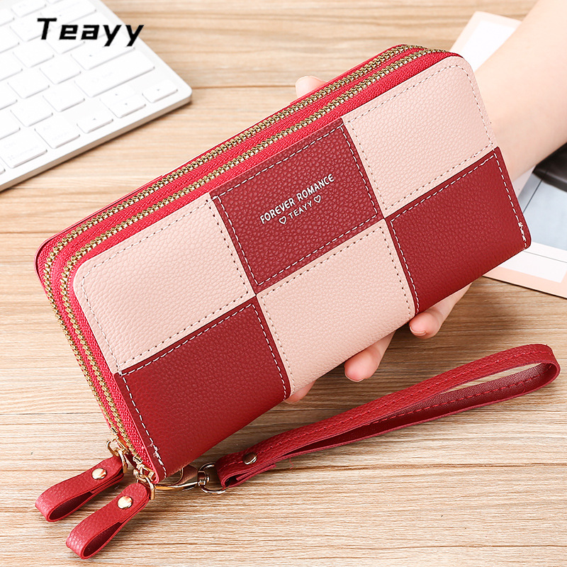 Fashion Brand Lady Hand-Carrying Wallet Women's Double Zipper New Long Three-Color Stitching Simple Zipper Mobile Phone Bag Money