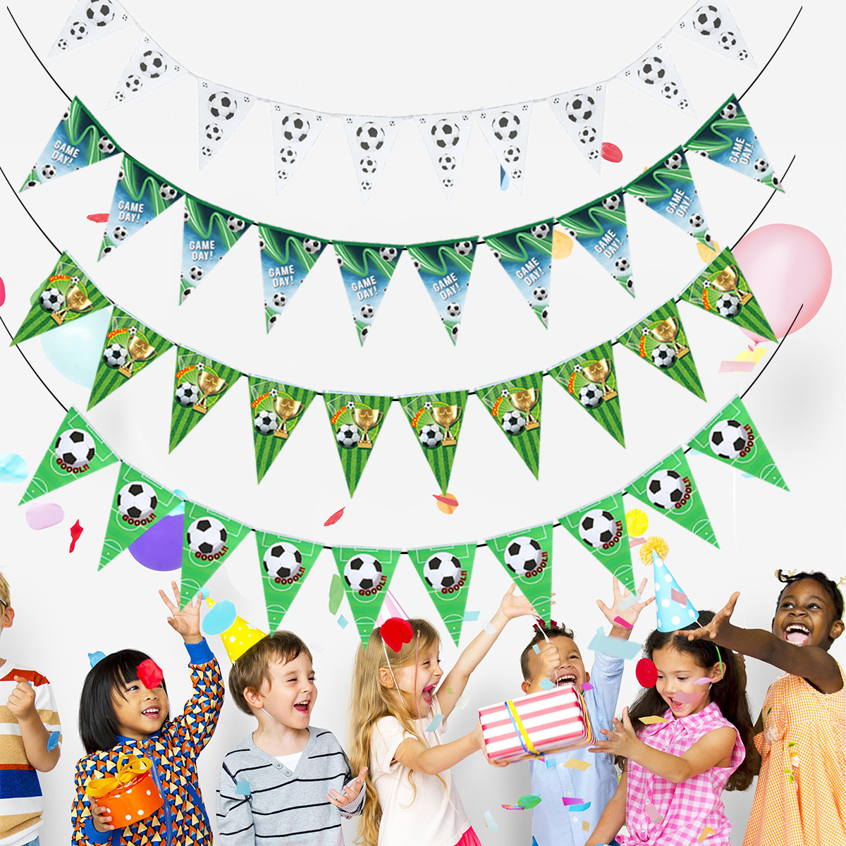 新款足球奖杯主题三角旗节日生日派对装饰用品布置拉旗横幅纸彩旗