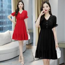 高档雪纺连衣裙2024新款流行黑红色150小个子裙子韩版泡泡袖女装
