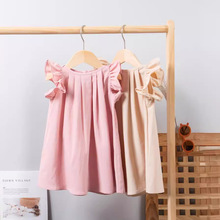 夏季新款时尚女婴可爱甜美休闲连衣裙荷叶边袖纯色米色粉色连衣裙