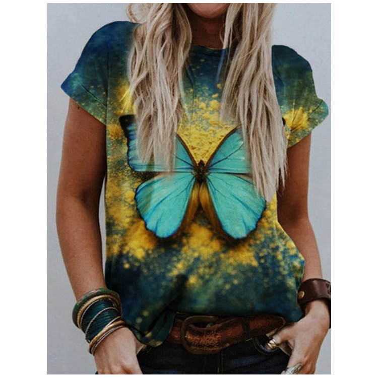 2021跨境欧美独立站亚马逊速卖通新款女士蝴蝶印花圆领t