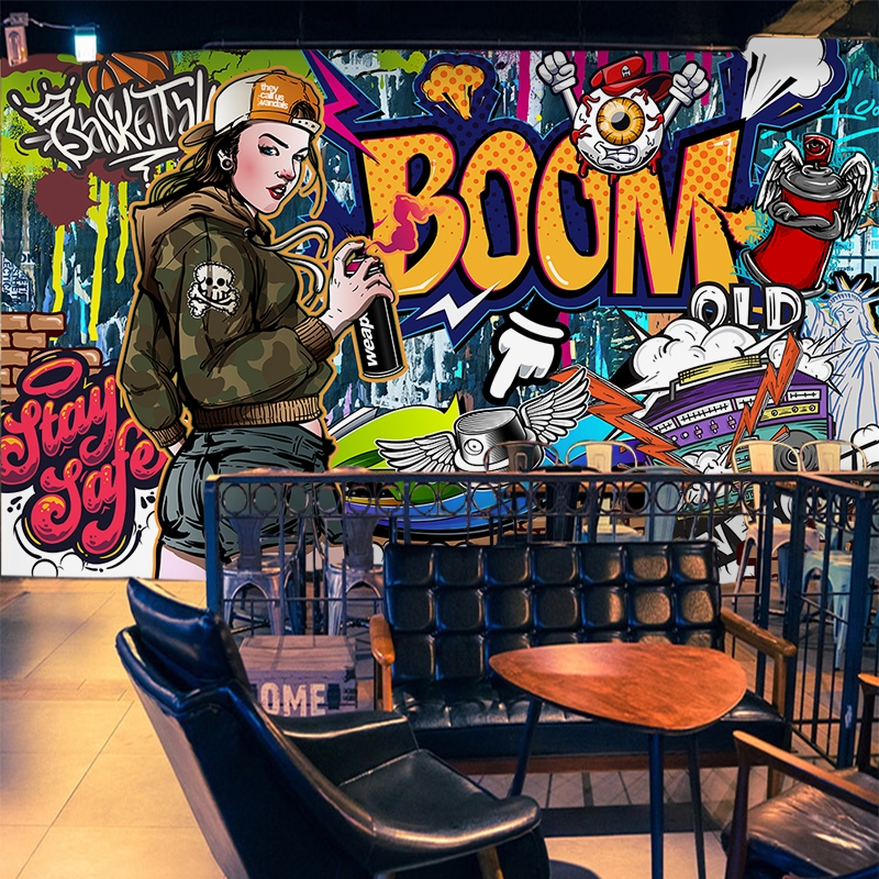 3d欧美工业风涂鸦墙纸街头嘻哈背景墙潮牌店健身房街舞培训班壁纸