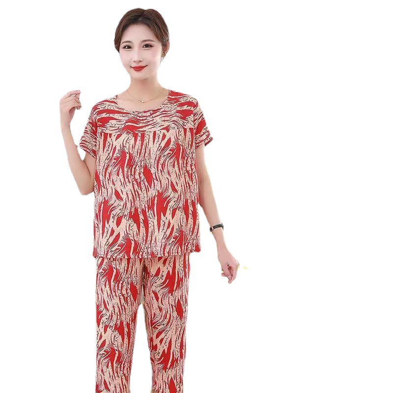 Summer Thin Bourette Suit Pajamas Women's Short-Sleeved Cropped Pants Casual Loose Middle-Aged Mom Outer Wear Pajamas
