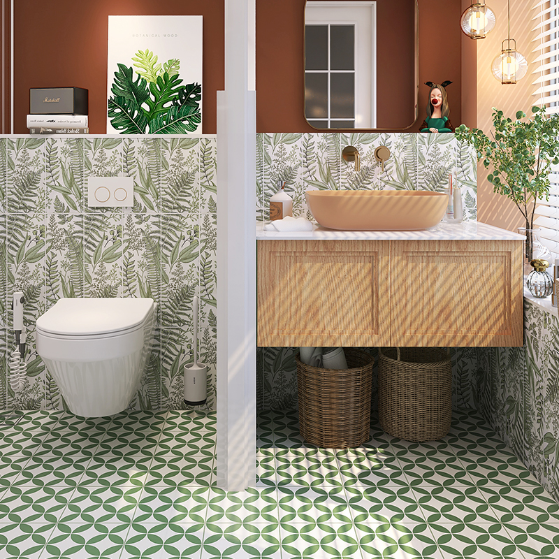 趣所 绿色小清新卫生间瓷砖 厨房浴室墙砖艺术小花砖阳台厕所地砖