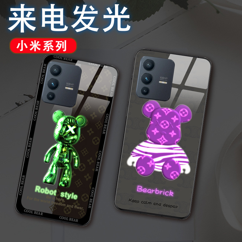 适用小米12来电11lite 发光手机壳5g红米note11pro熊玻璃手机套
