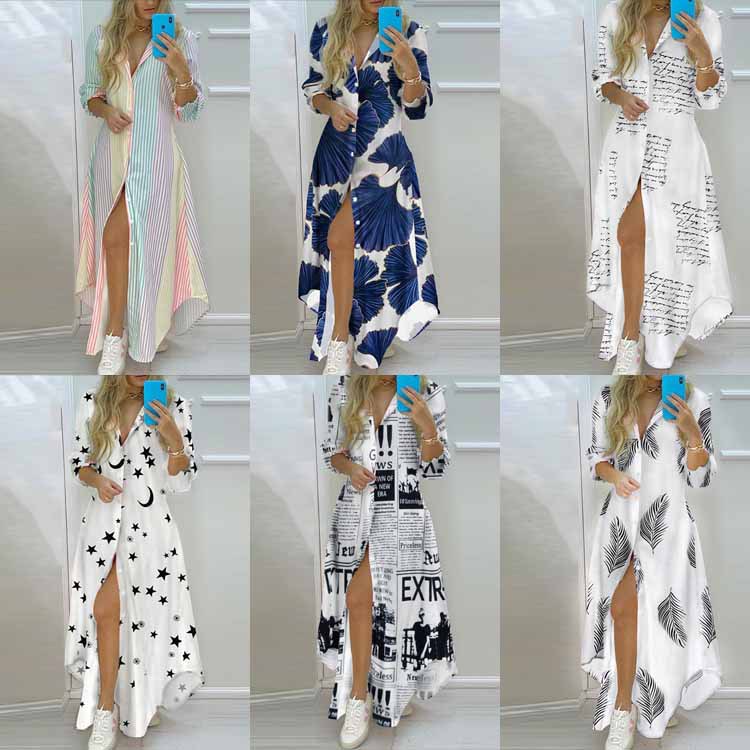 women clothes Spring 2023 Amazon Foreign Trade Wish Women's Clothing Temperament Printed Single-Breasted Split Shirt Dress Long Skirt