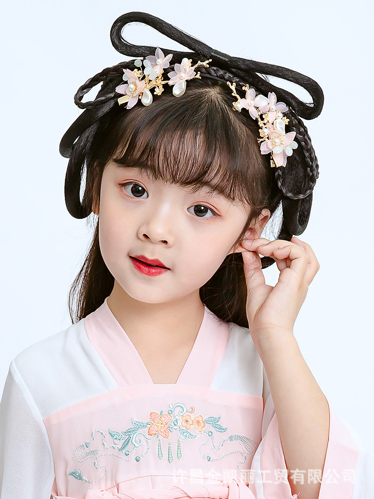 汉服假发女童古风发包发型汉服发髻发箍一体头发造型儿童古装假发