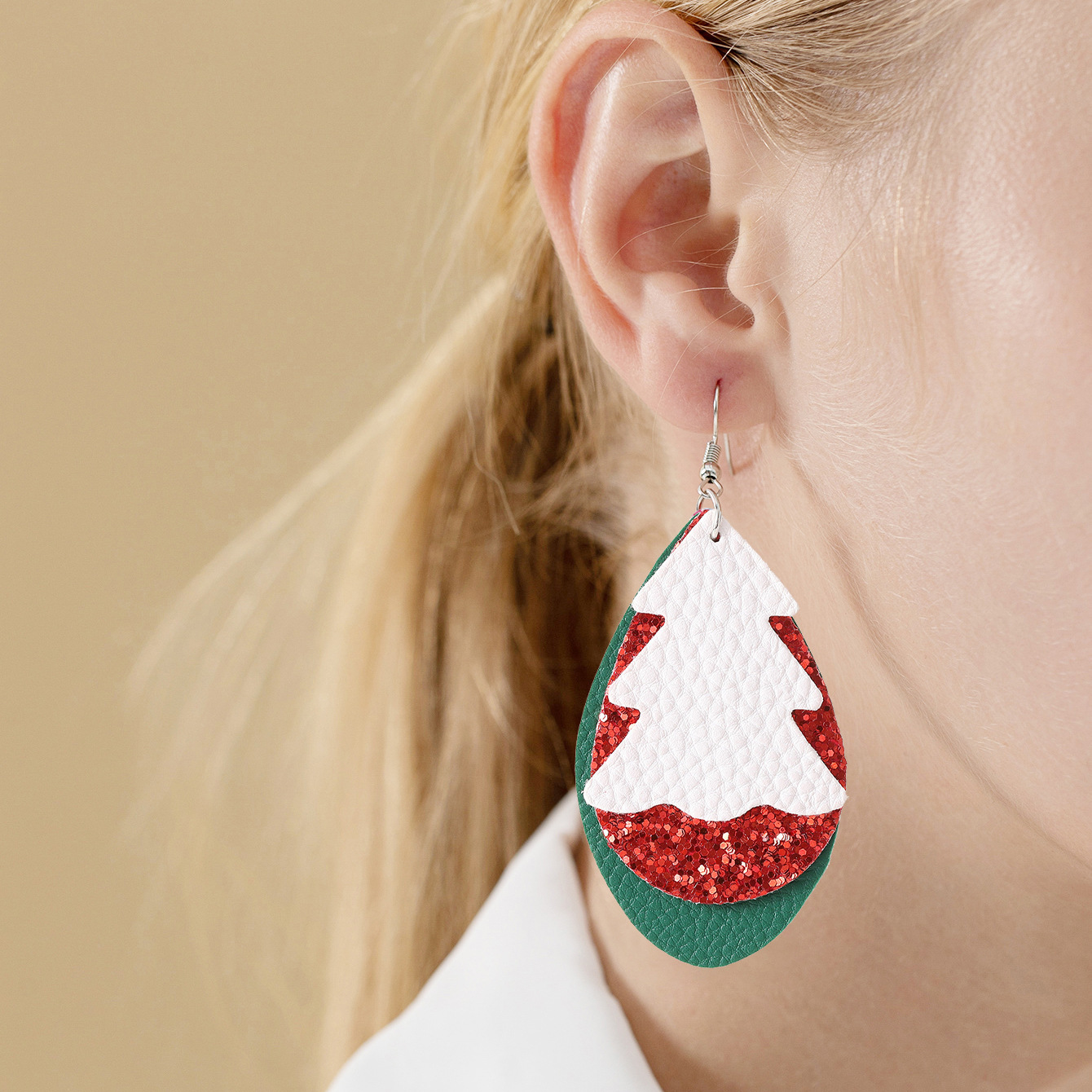 Christmas Leather Earrings Eardrops Christmas Tree Sequins GREAT Pu Three-Layer Cross-Border European and American Festival Amazon