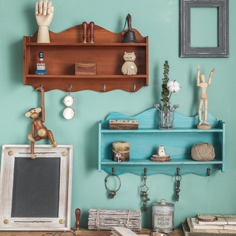 美式玄关创意挂钩钥匙挂架门口壁挂置物架挂衣钩复古木制收纳盒