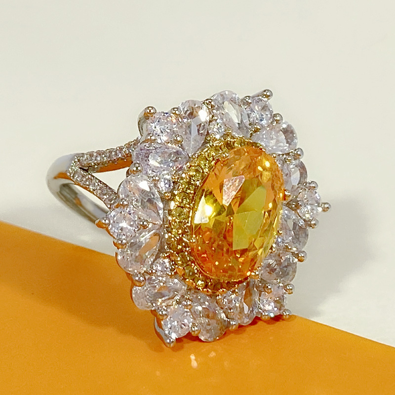 快手抖音直播热卖浓郁大鸽子蛋黄锆石戒指 镶阿斯切黄钻彩宝戒指