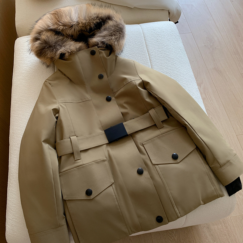 高端鹅绒毛领工装羽绒服女款中长款修身收腰2023新款派克服加厚冬