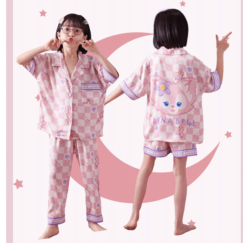 Children's Pajamas Small Girls and Teen Girls Summer Ice Silk Thin Cardigan Short Sleeve Three-Piece Set Baby Girl Air Conditioning Clothes Homewear