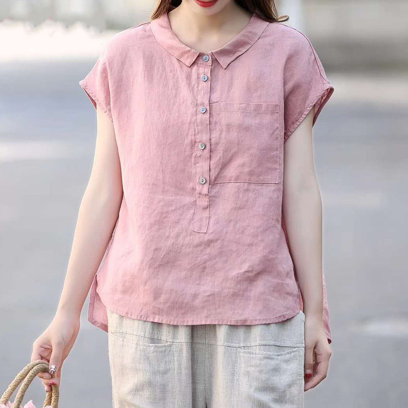 棉麻衬衫女夏亚麻棉短袖衬衣韩版宽松休闲娃娃领上衣文艺麻料女装