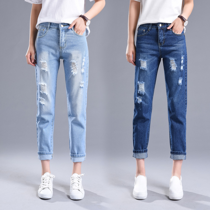 Real Shot Ripped Jeans Women's Cropped 2023 New Korean Style Fashionable Loose Tapered Harem Women's Pants Women's Clothing