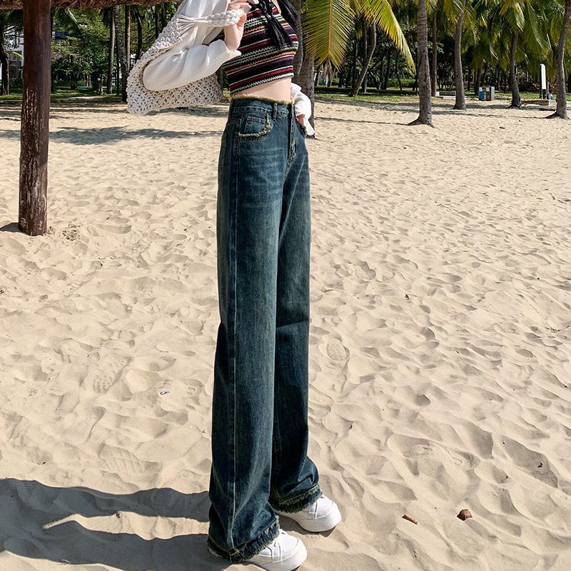 Retro Wide Leg Jeans Women's Spring and Autumn 2023 High Waist Loose Drooping Small Mop Frayed Hem Straight-Leg Pants