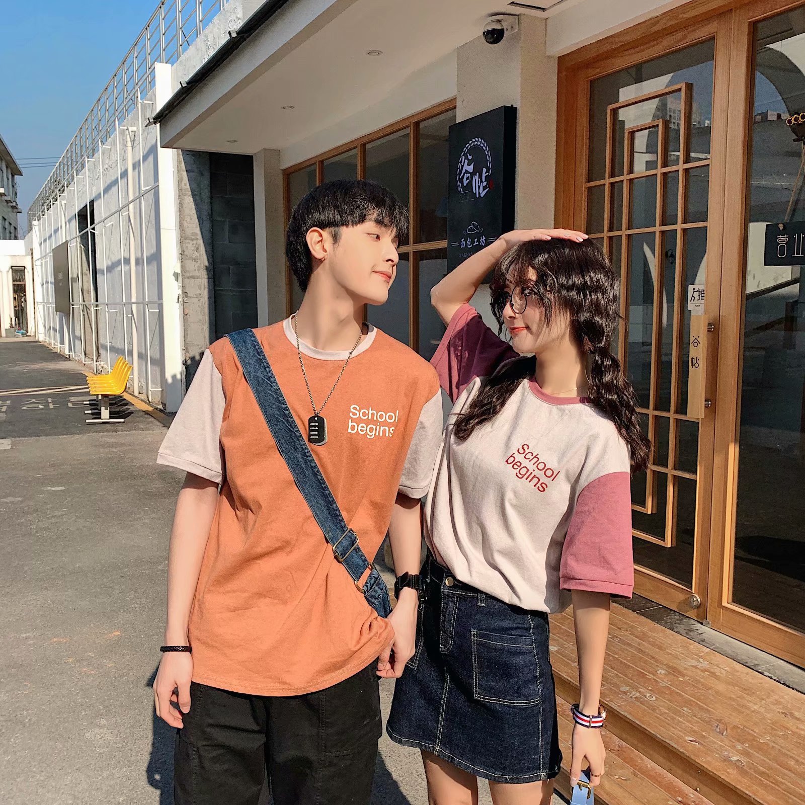 情侣装夏季新款港风拼色短袖t恤衫男潮流宽松学生半截袖上衣服潮