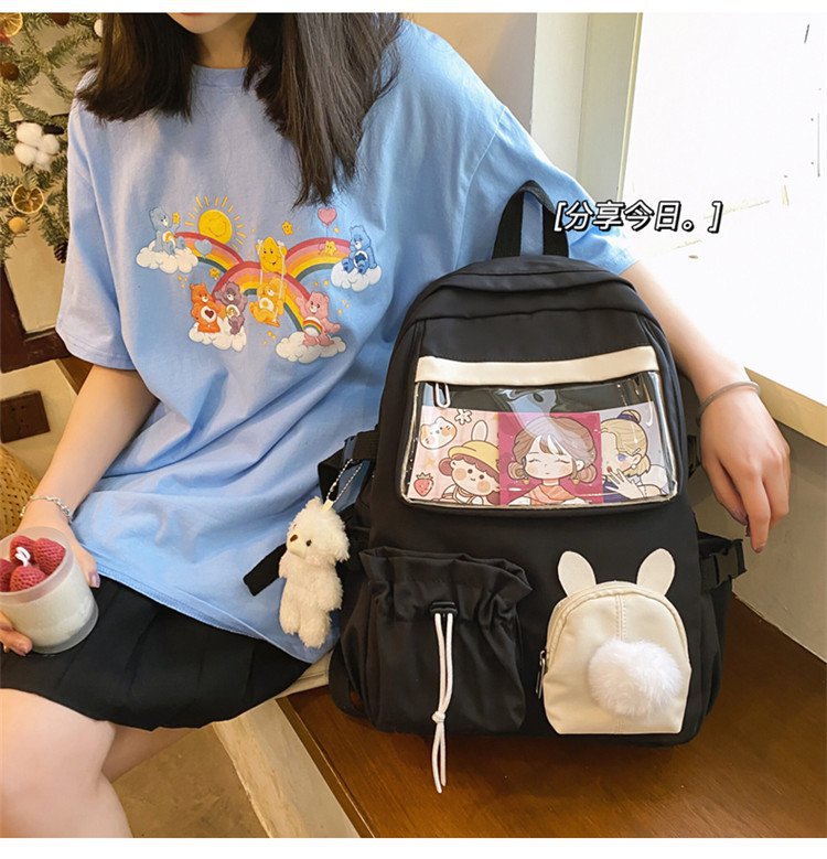 Schoolbag Women's Korean-Style Ulzzang College Style Simple Cute Drawstring Fur Ball Soft Girl Student Transparent Backpack