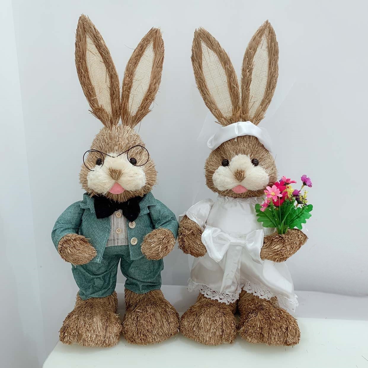 田园手工草编兔子装饰手工稻草可爱家居饰品摆件店铺摆件
