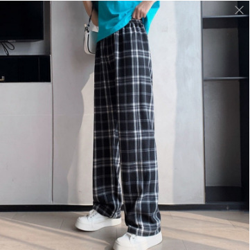 Summer Stall Ice Silk Plaid Pants Straight Drooping Trousers Thin Loose Casual Pants High Waist Lattice Loose Pants Women