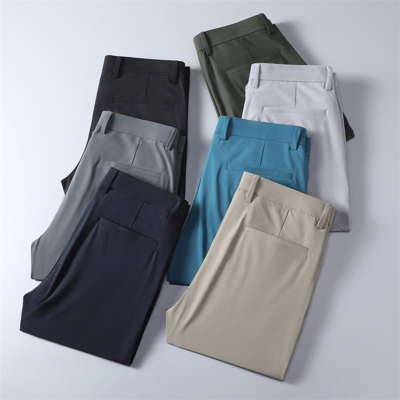 Male Ice Silk Casual Pants Men's Summer Straight-Leg Pants Slim Fit Light Business Trousers Draping Men's Pants Thin Breathable Trousers