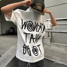 蚊香涂鸦字母标语印花短袖恤男女夏季宽松情侣装上衣白色黑色棉
